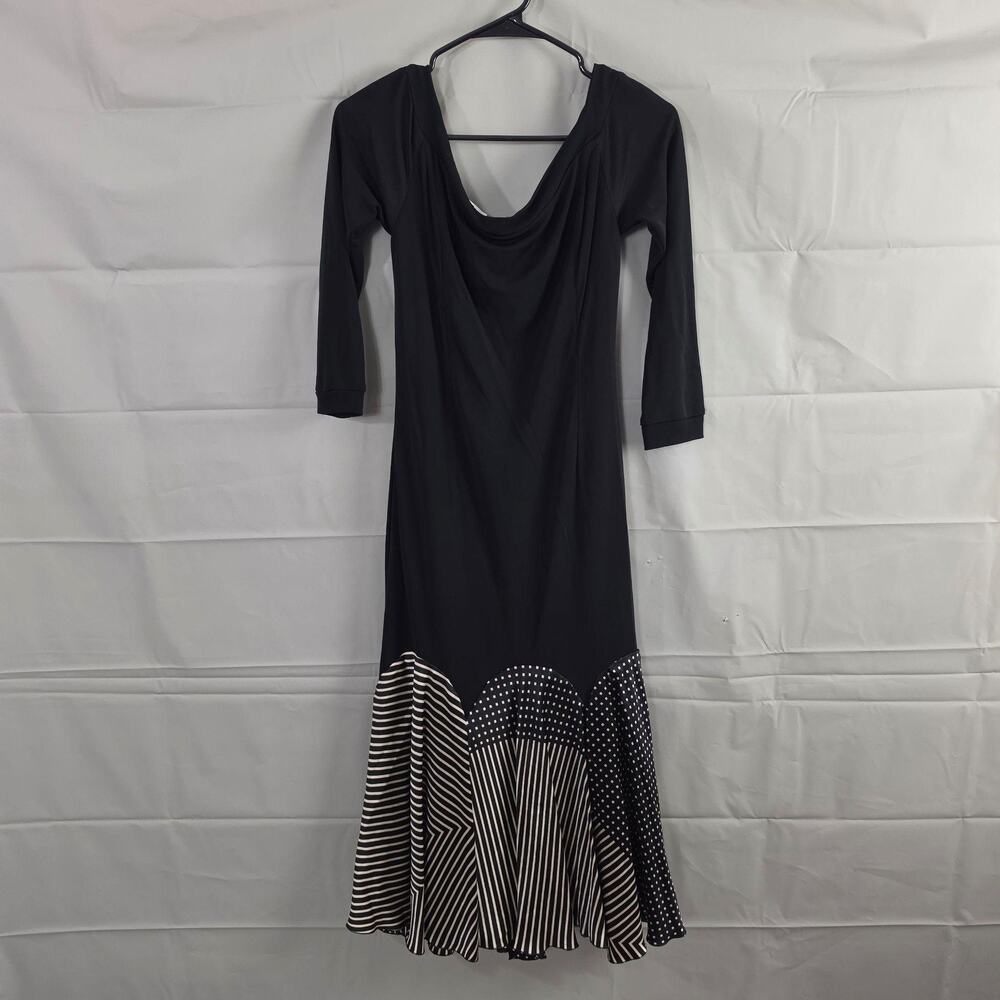Vtg Rene Ruiz Dress Medium Mermaid Midi Black Cowl Neck Stripe Ruffle Retro 90s